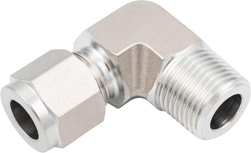 Pysrych Stainless Steel 316L Forged Compression Tube Fitting, 90 Degree Male Elbow with Double Ferrules, 3/8" OD (9/16-20UN) x 3/8" NPT Male, 1pc - Image 1